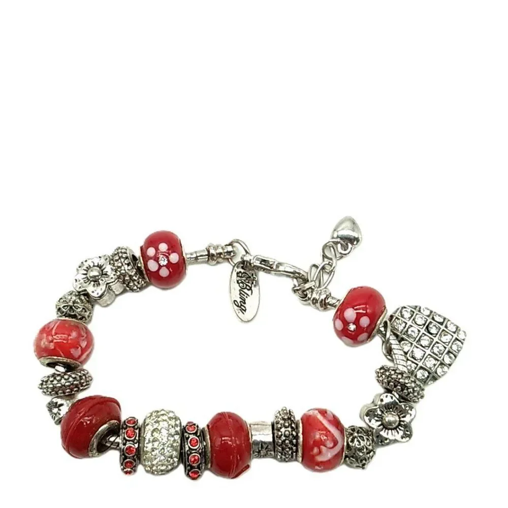 Bling Silver-tone & Red Beaded Charm Slider Bracelet on Snake Chain NWOT